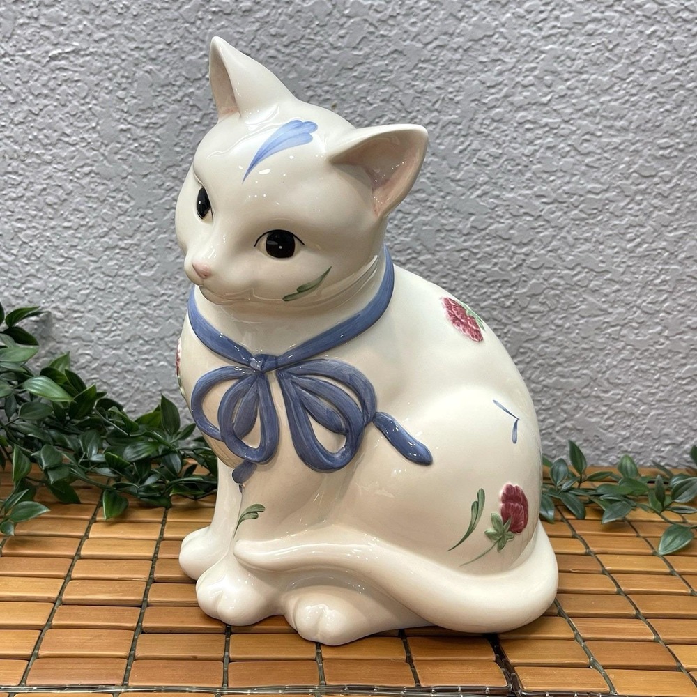 Vintage 1998 Lenox Poppies on Blue Ceramic Cat Kitten Cookie Jar Discontinued
